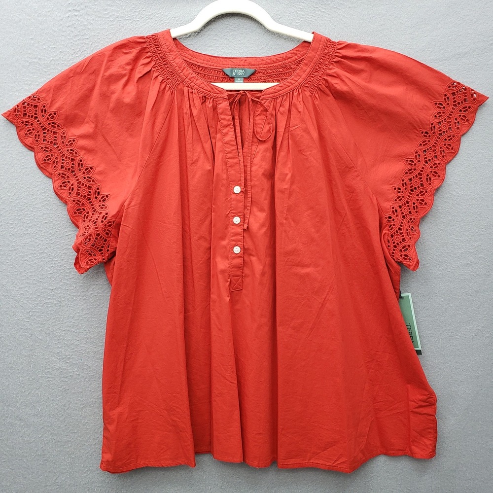 Terra & Sky Eyelet Lace Trim Peasant Top Red 100% Cotton Fall Cottagecore 3X NWT
